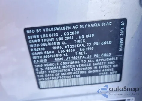 2012 Volkswagen Touareg V6 z USA, uszkodzony, nr VIN WVGEF9BP7CD007796